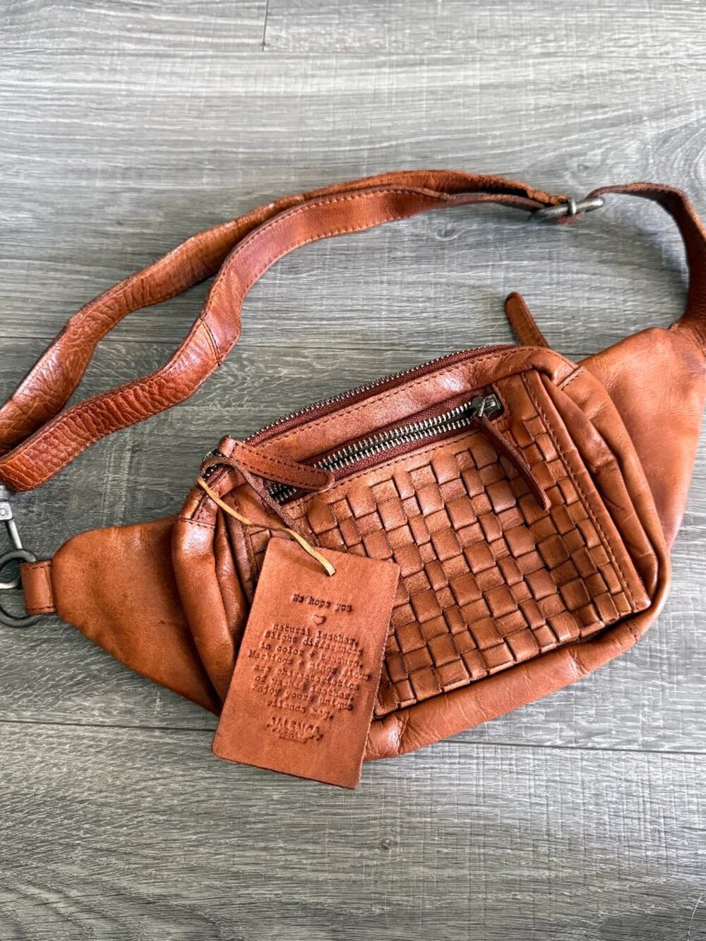 NWT Vilenca Holland Woven Waist Bag Leather Cognac Brown